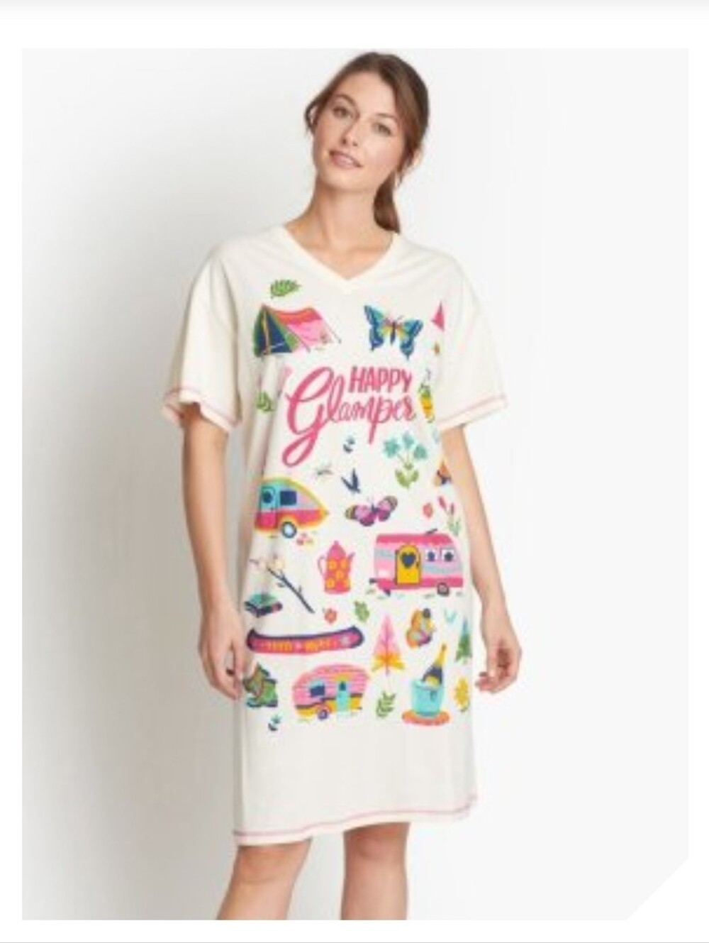 Happy Glamper Graphic Sleep shirt- Pink & White